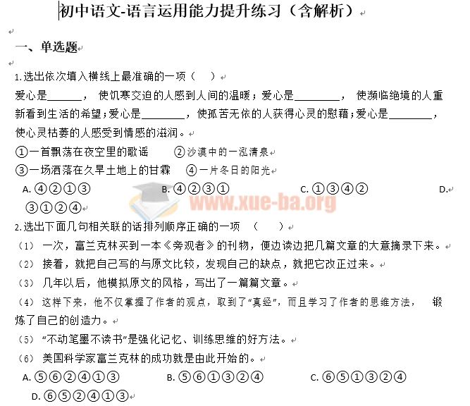 初中语文语言运用能力提升练习（含解析）Word文档下载