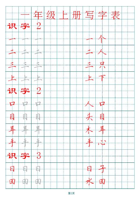 2020部编版1-6年级上册田字格写字表